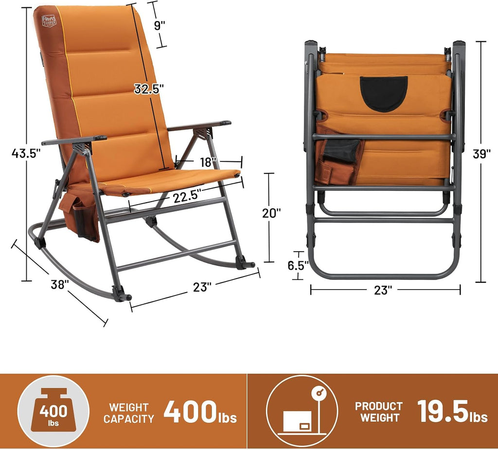Timber Ridge Oversized Folding Rocking Camping Chair, Padded Outdoor Rocker with High Back, Portable Outdoor Chair for Patio, Garden, Lawn, Supports up to 400 lbs, Orange