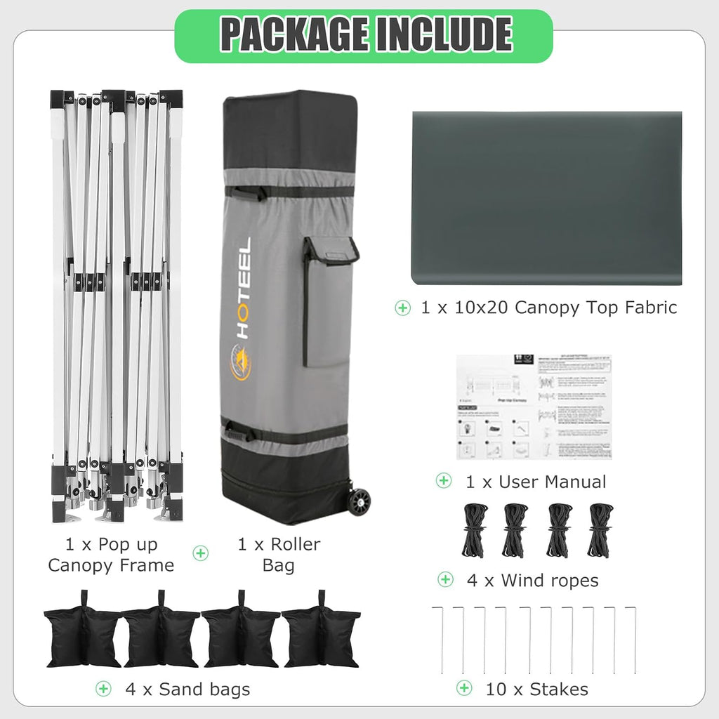 HOTEEL 10x20 Pop up Canopy Tent Without Sidewall Easy Up Commercial Outdoor Wedding Party Tents for Parties All Season Wind & Waterproof Gazebo Roller Bag, Gray