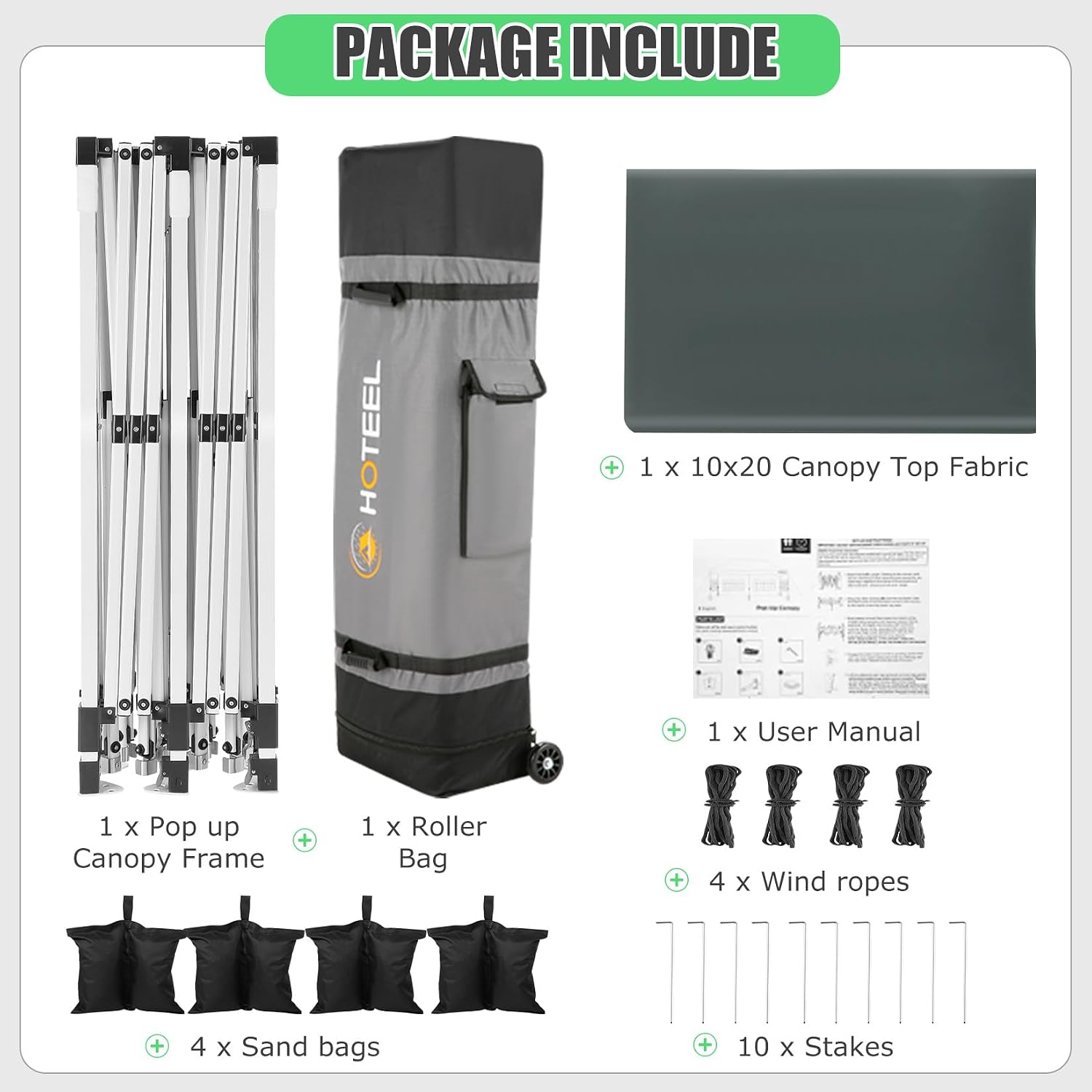 HOTEEL 10x20 Pop up Canopy Tent Without Sidewall Easy Up Commercial Outdoor Wedding Party Tents for Parties All Season Wind & Waterproof Gazebo Roller Bag, Gray