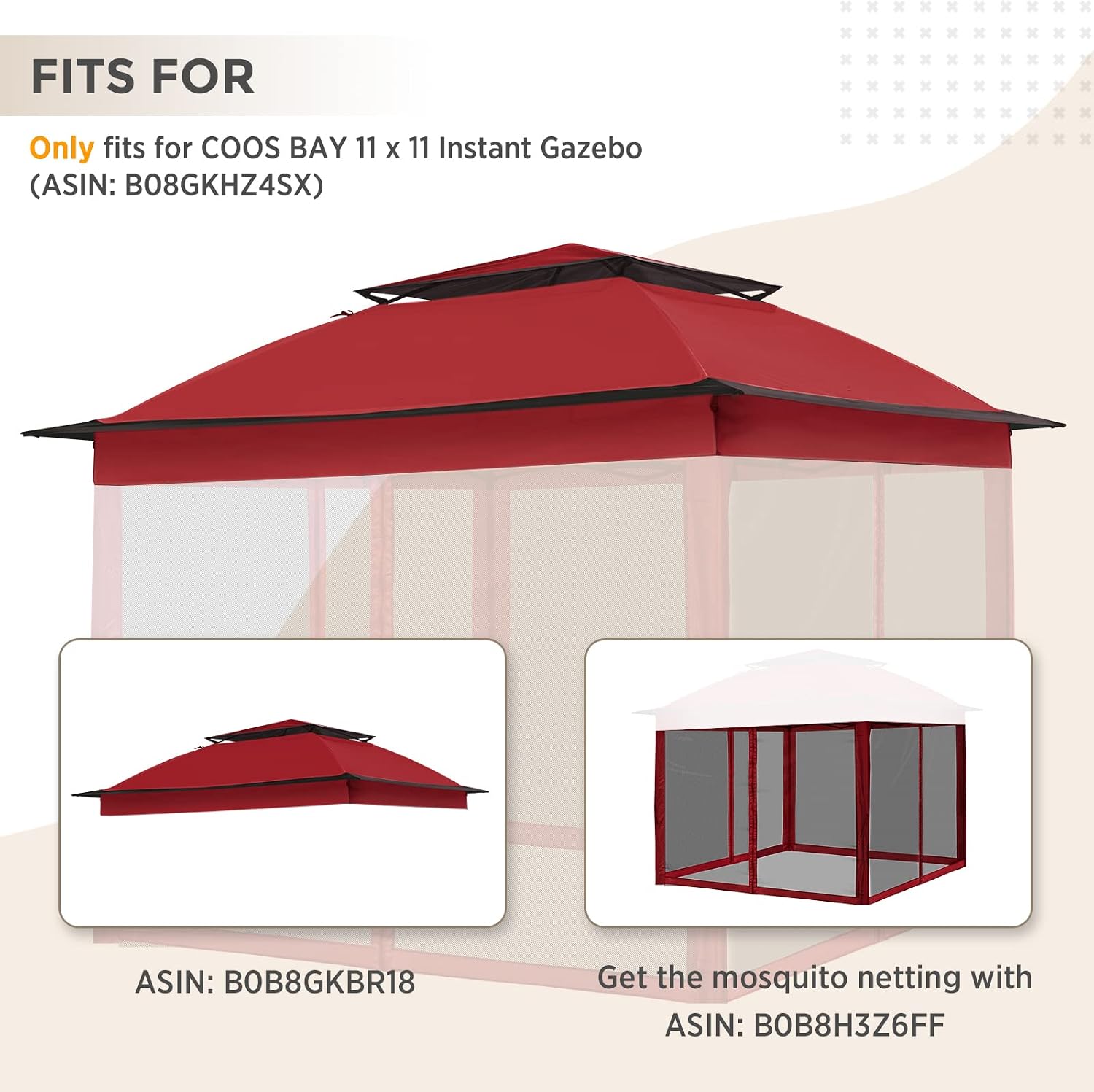 COOS BAY 11x11 Replacement Gazebo Top with Air Vent Sunshade Polyester Top Cover Only, Red
