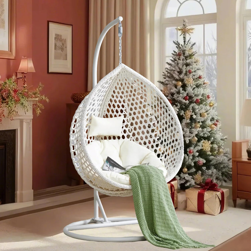 Hanging Egg Chair Outdoor Indoor,Wicker Swing Egg Chair with Stand, 300lbs Capacity for Bedroom Patio Garden Balcony Yard (White)