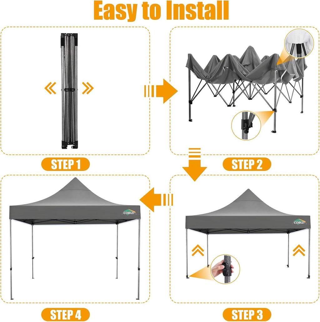 COBIZI 10x10 Pop Up Canopy Without Sidewall,Heavy Duty Canopy UPF 50+ All Season Wind Waterproof Commercial Outdoor Wedding Party Tents for Parties Canopy Gazebo with Carry Bag(10 x 10 ft Gray)