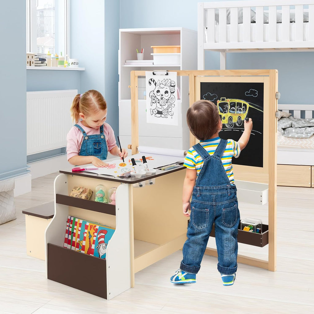 Costzon Easel for Kids, Wooden Art Center with Double-Sided Blackboard & Whiteboard, Paper Roll for Drawing, Crafts, Writing, Toddler Activity Table with Storage, Kids Table and Chair Set (Brown)
