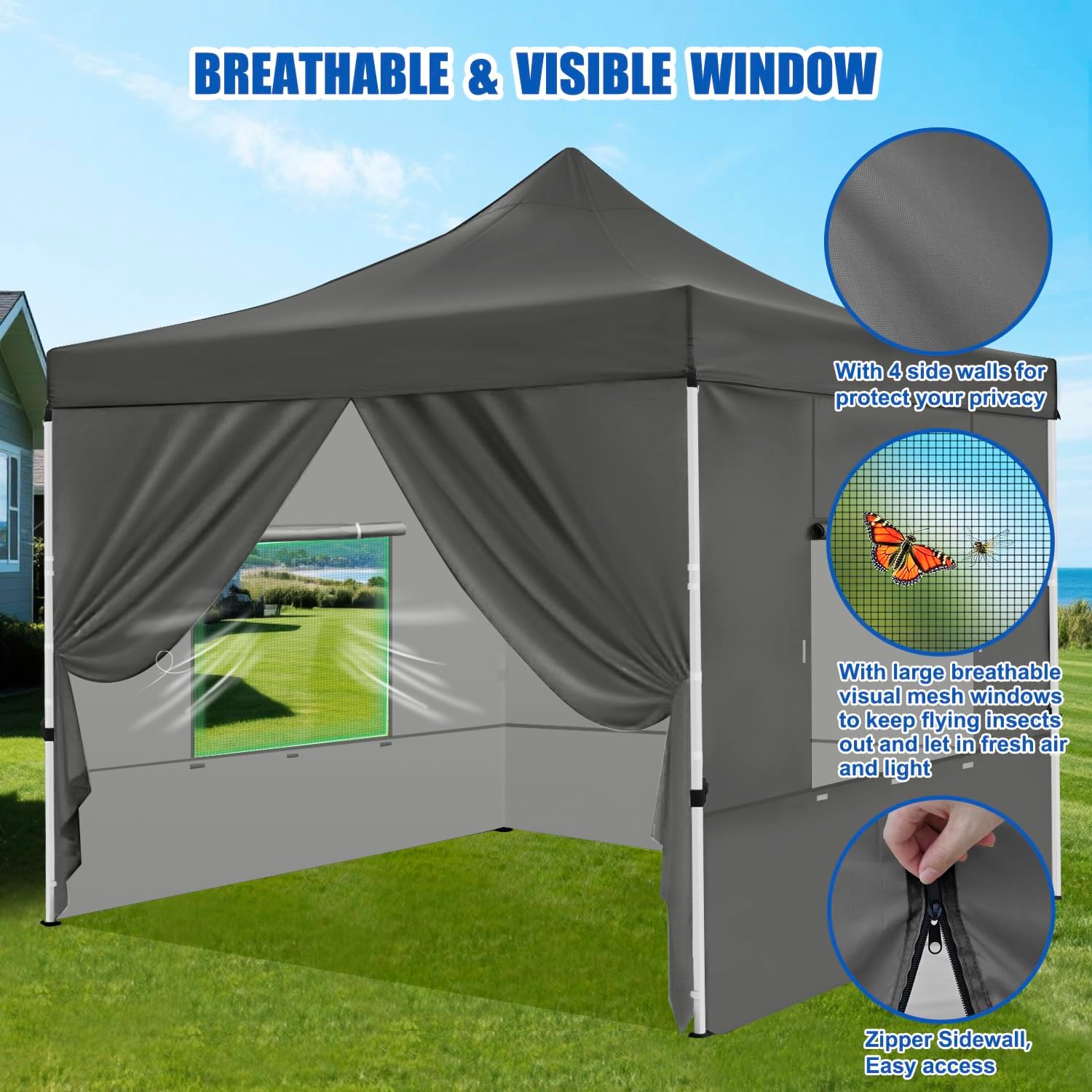 Yesker 10x10 Pop Up Canopy Tent with 4 Sidewalls Portable Folding Outdoor Canopy Easy Setup Gazebo Waterproof Instant Popup Shelter Tent w Wheeled Carry Bag sandbags for Events Parties Camping, Gray