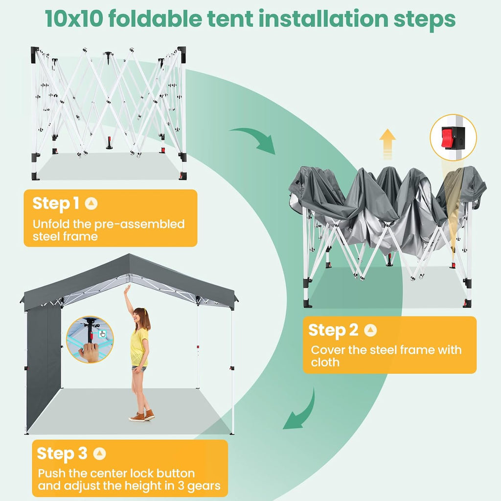 COBIZI Canopy Tent 10x10 Pop Up Outdoor Canopies with 4 Sidewalls Waterproof Commercial Instant Gazebo Tents for Party Patio Backyard with 4 Sandbags, 4 Stakes & 8 Ropes, Gray