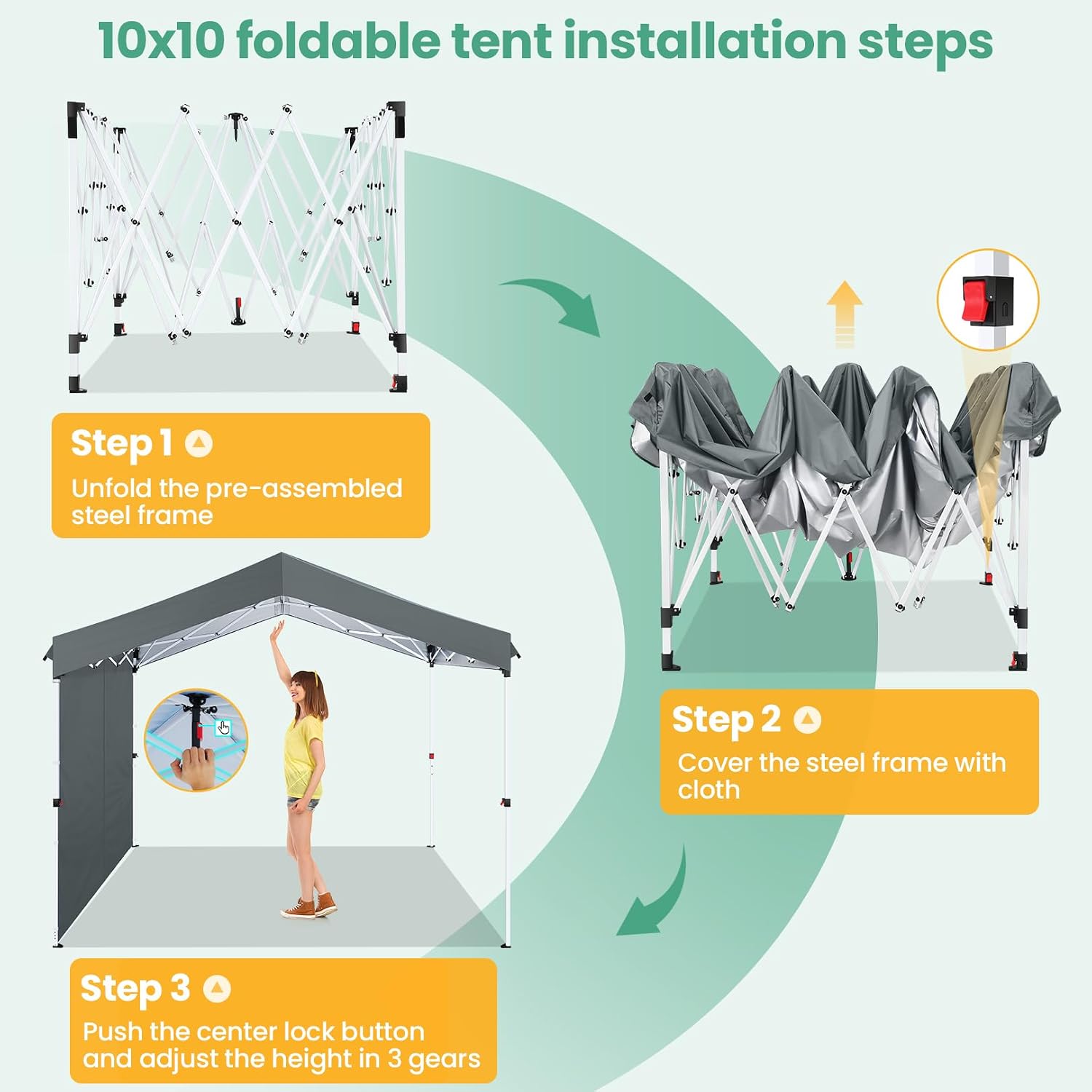 COBIZI Canopy Tent 10x10 Pop Up Outdoor Canopies with 4 Sidewalls Waterproof Commercial Instant Gazebo Tents for Party Patio Backyard with 4 Sandbags, 4 Stakes & 8 Ropes, Gray