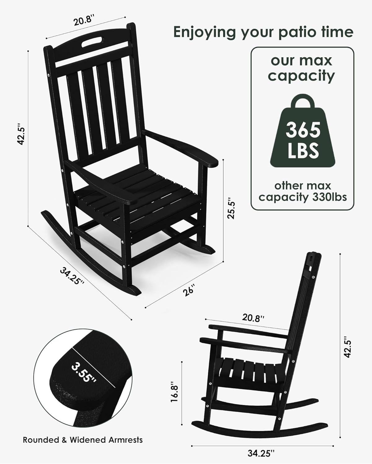 Outdoor Rocking Chair Set of 2, All-Weather Resistant Poly Lumber Rocker Chair Outdoor, High Back Plastic Patio Rocking Chairs for Outside Porch Rocker Garden Lawn, Black