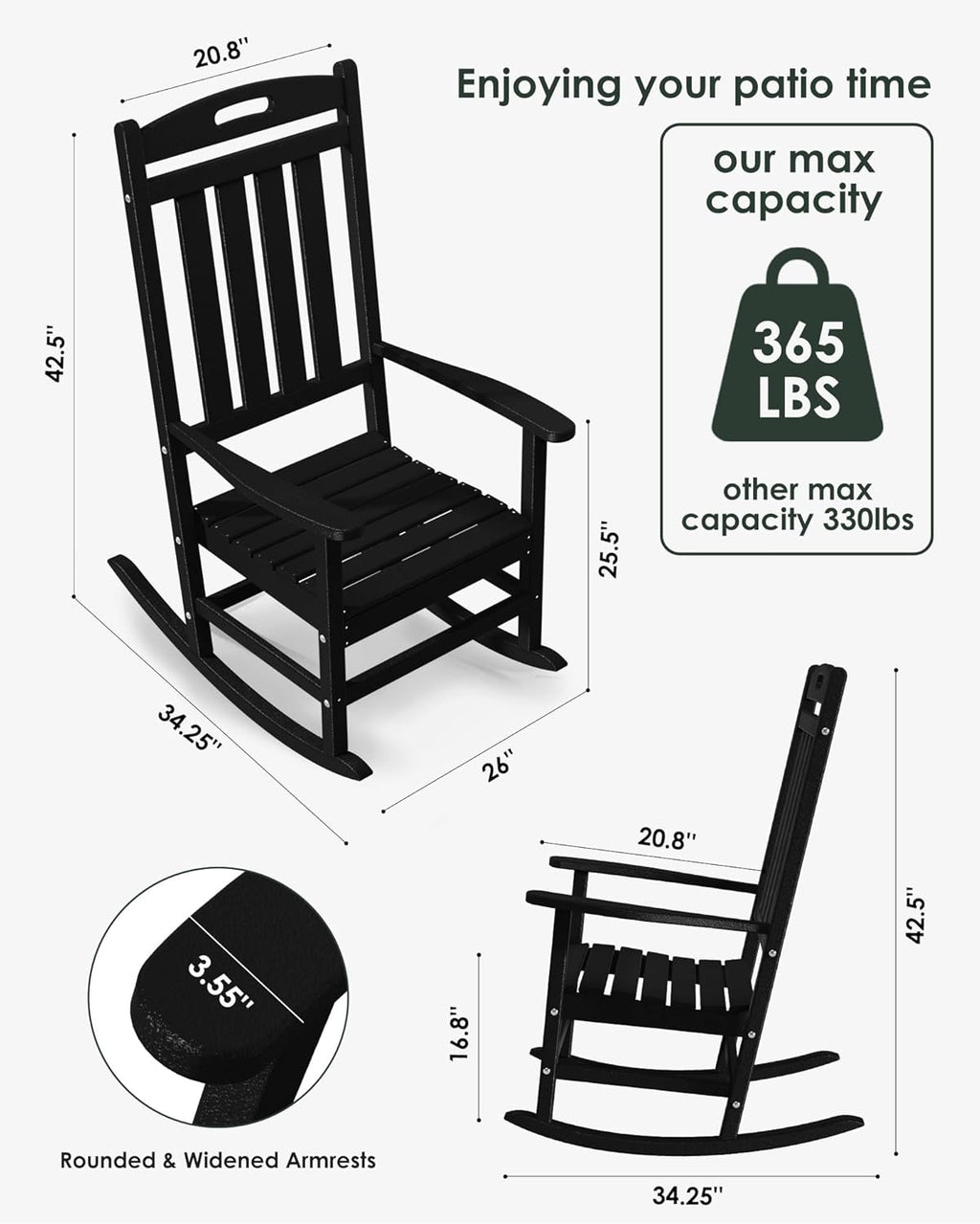 Outdoor Rocking Chair Set of 6, All-Weather Resistant Poly Lumber Rocker Chair Outdoor, High Back Plastic Patio Rocking Chairs for Outside Porch Rocker Garden Lawn, Black