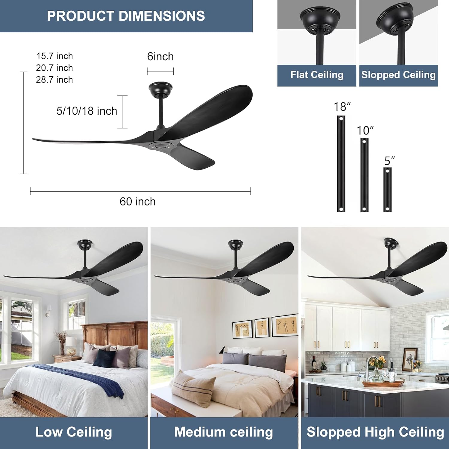 60'' Solid Wood Ceiling Fans without Light,Black Ceiling Fan with Quiet and Large Airflow DC Motor,Outdoor Ceiling Fan for Patio,Garage,Bedroom