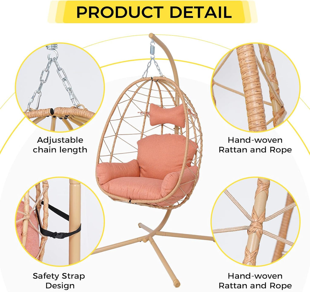 Egg Chair with Stand, Wicker Hanging Chair for Outdoor Patio, Cushioned Hammock Swing for Bedroom Garden Indoor/Outdoor, Double-Zipper Structure Hanging Egg Chair (Yellow and Orange-red)