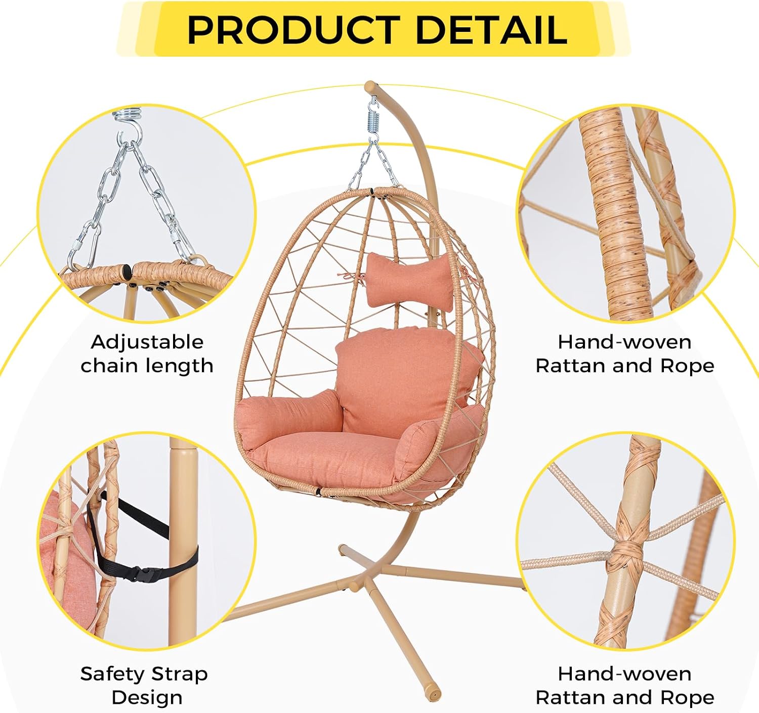 Egg Chair with Stand, Wicker Hanging Chair for Outdoor Patio, Cushioned Hammock Swing for Bedroom Garden Indoor/Outdoor, Double-Zipper Structure Hanging Egg Chair (Yellow and Orange-red)