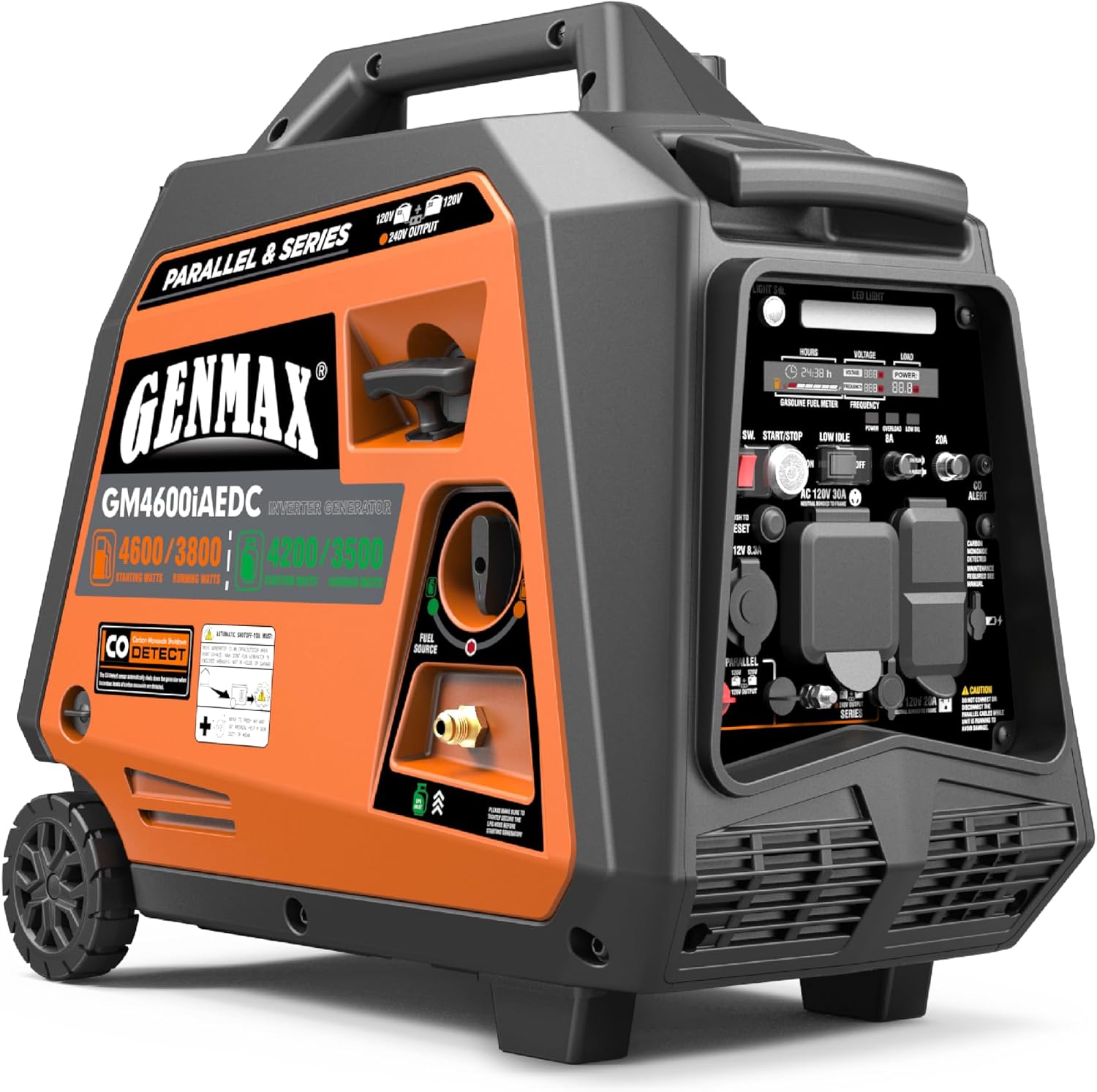 GENMAX Dual Fuel Generator,4600W ultra-quiet 159cc engine,Electric & Remote Start with CO Alert and LED light digital display,Ideal for Camping outdoor & Home backup power.EPA &CARB Compliant