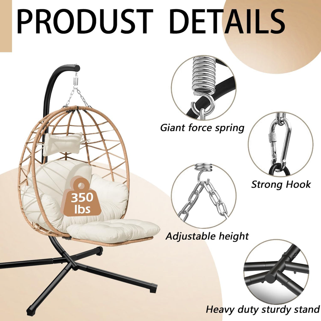 Indoor Outdoor Hanging Egg Chair with Stand & Leg Rest – Heavy-Duty Steel Frame, Handwoven Rattan Swing Chair for Patio, Garden, Bedroom – 350 lbs Capacity, Ergonomic Design (White)