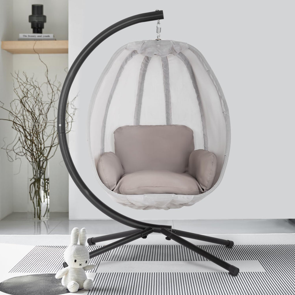 Egg Chair with Comfy Cushions Indoor Outdoor Hanging Chair Sturdy Heavy Duty Hammock Chair with Stand Cushions Breathable Fabric Cover for Patio Bedroom Garden Poolside, Grey