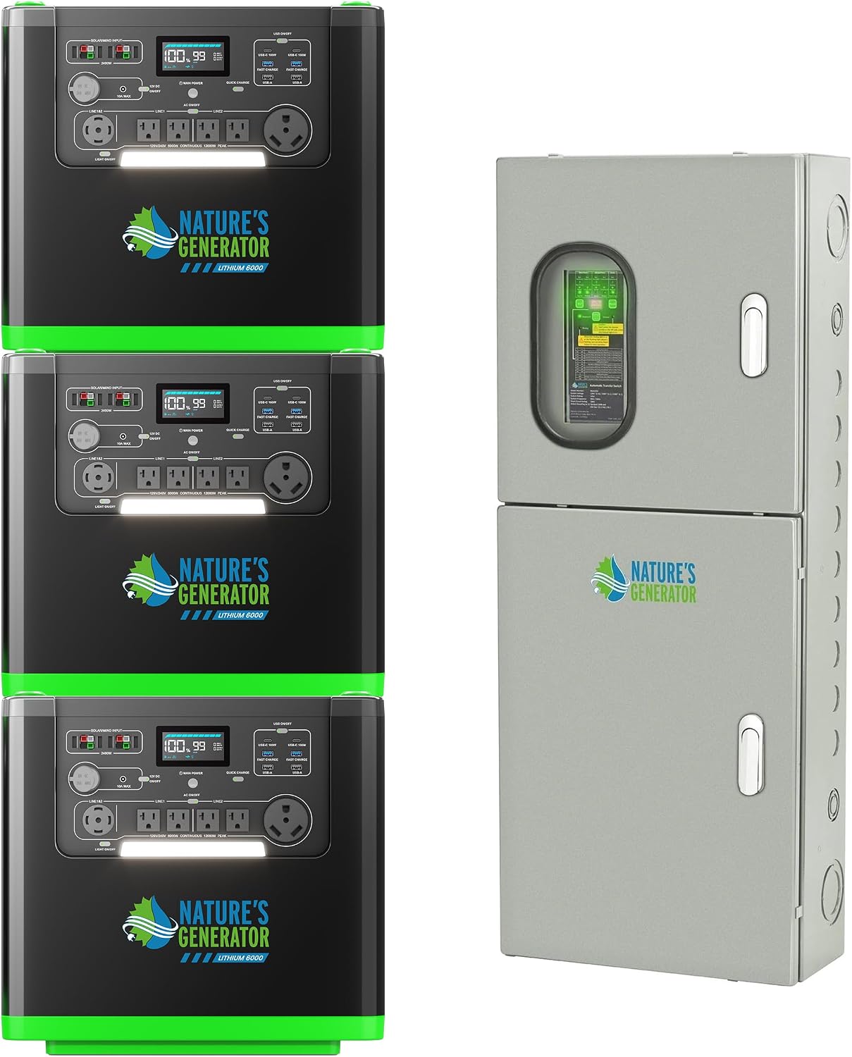Natures Generator 3 Packs 3840Wh Solar Generator + 125A Automatic Transfer Switch, Lithium Batteries, 6000W Power Station for Home Backup, RVs, Emergencies, Power Outages, and Outdoor Camping