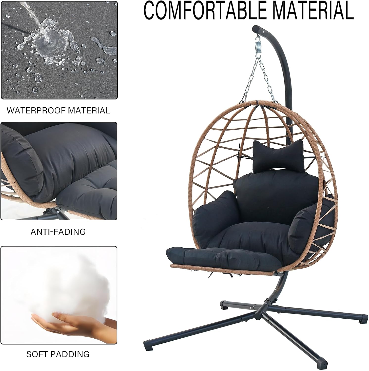 Hanging Egg Chair with Stand & Leg Rest,Rattan Wicker Swing Chair with Cushion,Patio Basket Hanging Chair Wicker Hammock Chair for Indoor Outdoor Bedroom Garden,300LBS (Yellow Rattan&Black Cushion)