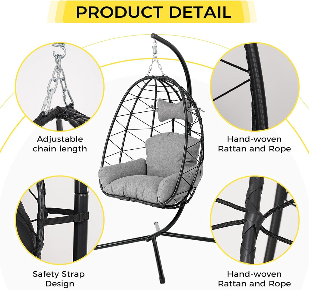 Egg Chair with Stand, Wicker Hanging Chair for Outdoor Patio, Cushioned Hammock Swing for Bedroom Garden Indoor/Outdoor, Double-Zipper Structure Hanging Egg Chair (Black and Dark Gray)