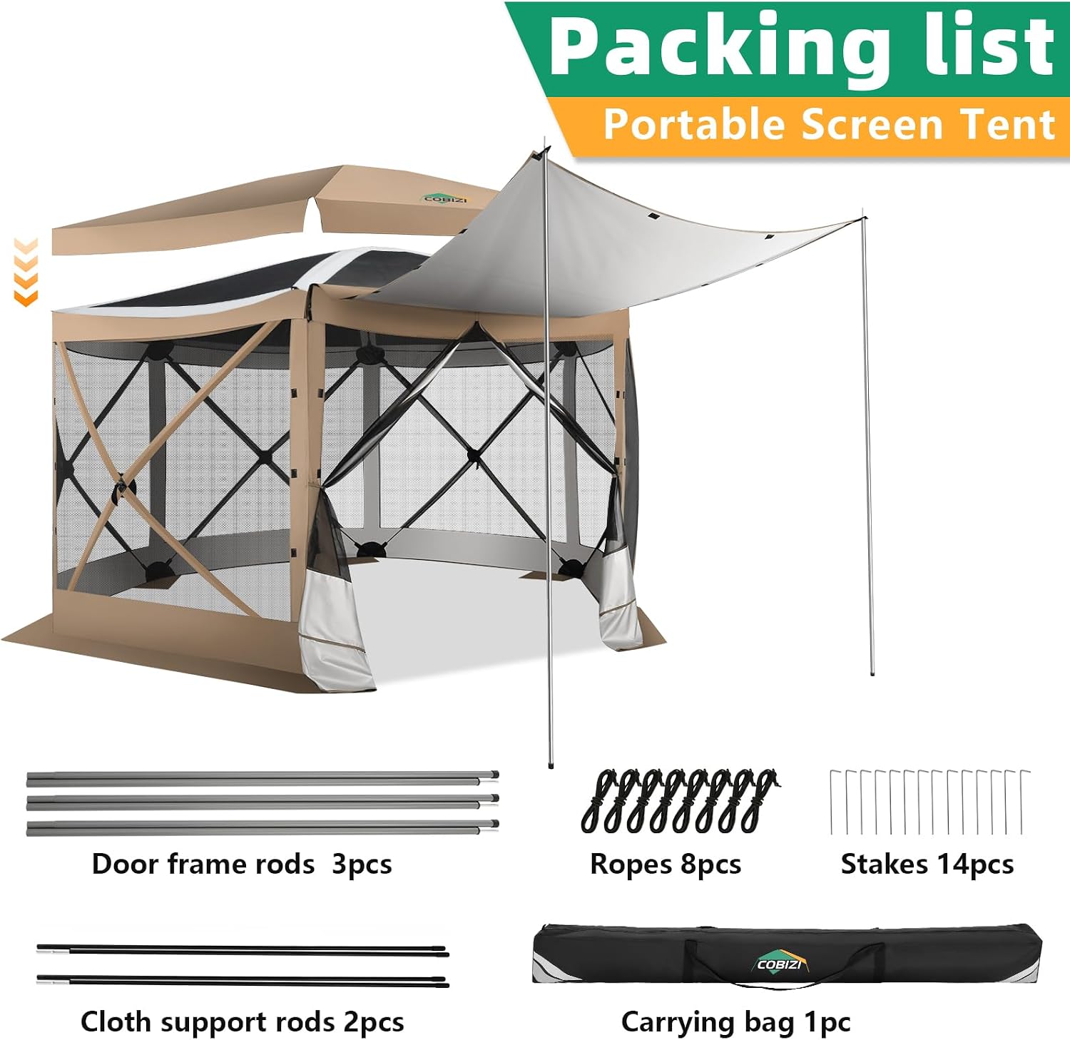 COBIZI Pop Up Gazebo Screen Tent Screen House for Camping, 12x12 Screen Room with Mosquito Netting, Hub Tent Instant Screened Canopy with Carrying Bag and Ground Stakes, Khaki