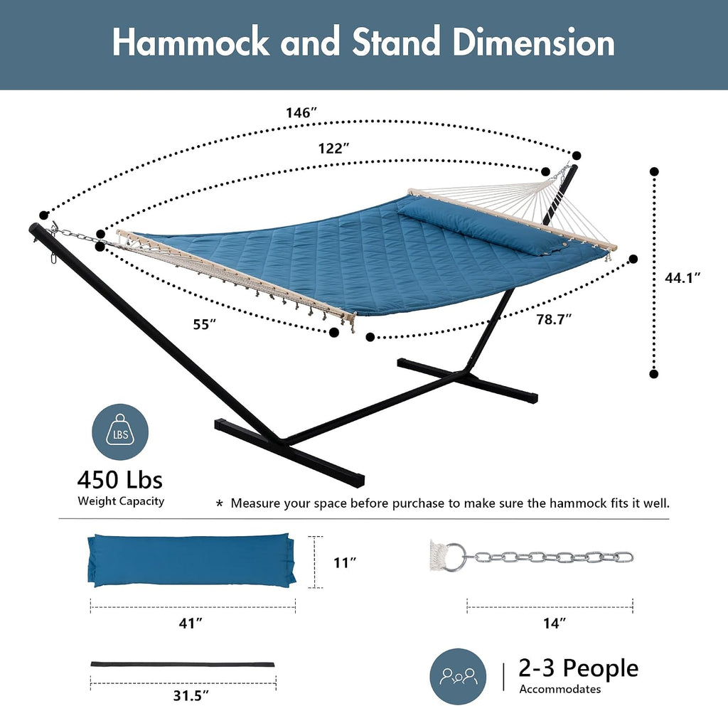 ANOW Double Hammock with 12 Feet Heavy Duty Steel Stand Combo, 2 Person Quilted Hammock with Stand for Outside, 450 LBS Weight Capacity, Blue