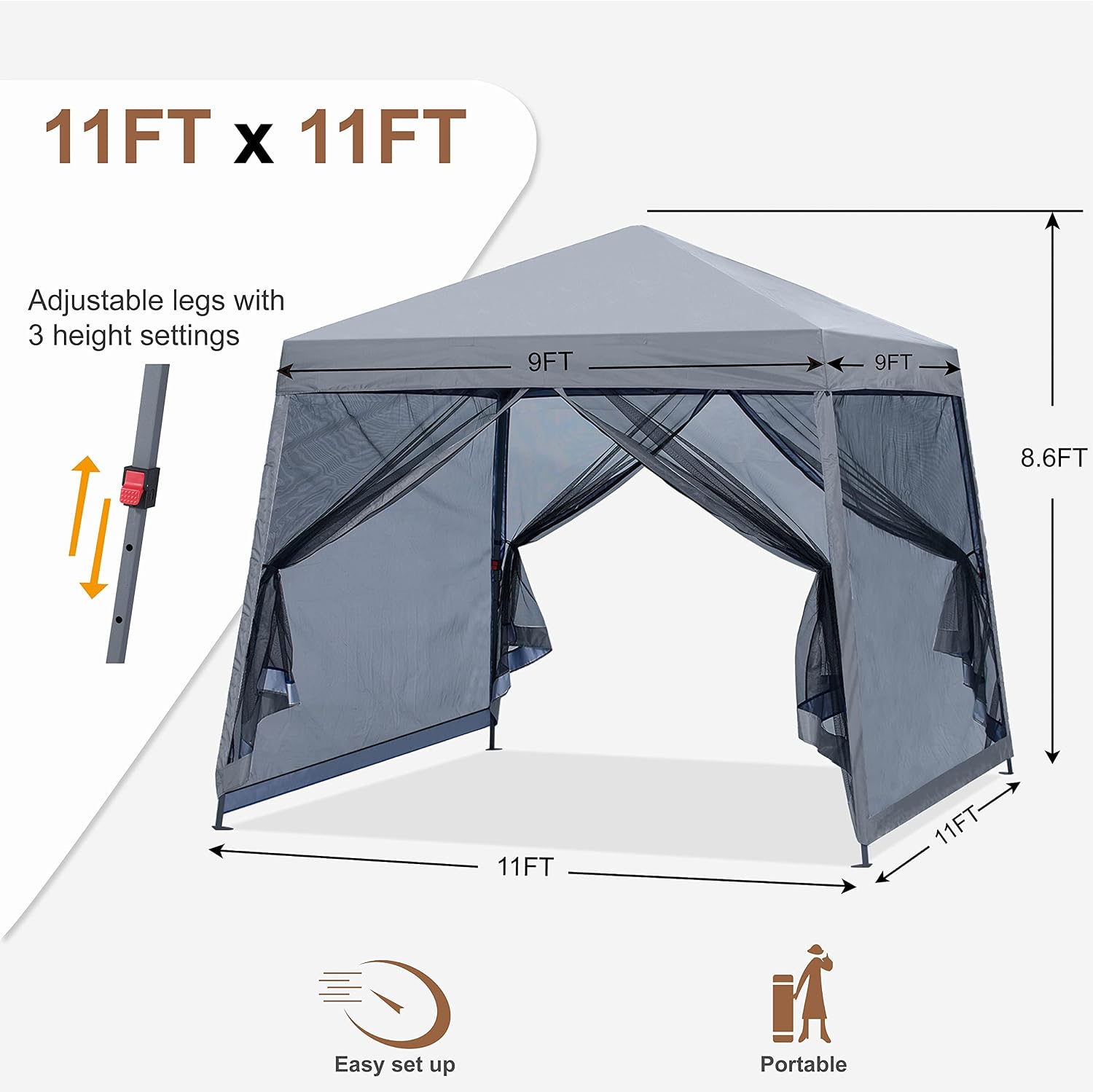 MASTERCANOPY Pop Up Gazebo Canopy Tent with Mosquito Netting (11x11, Light Gray)