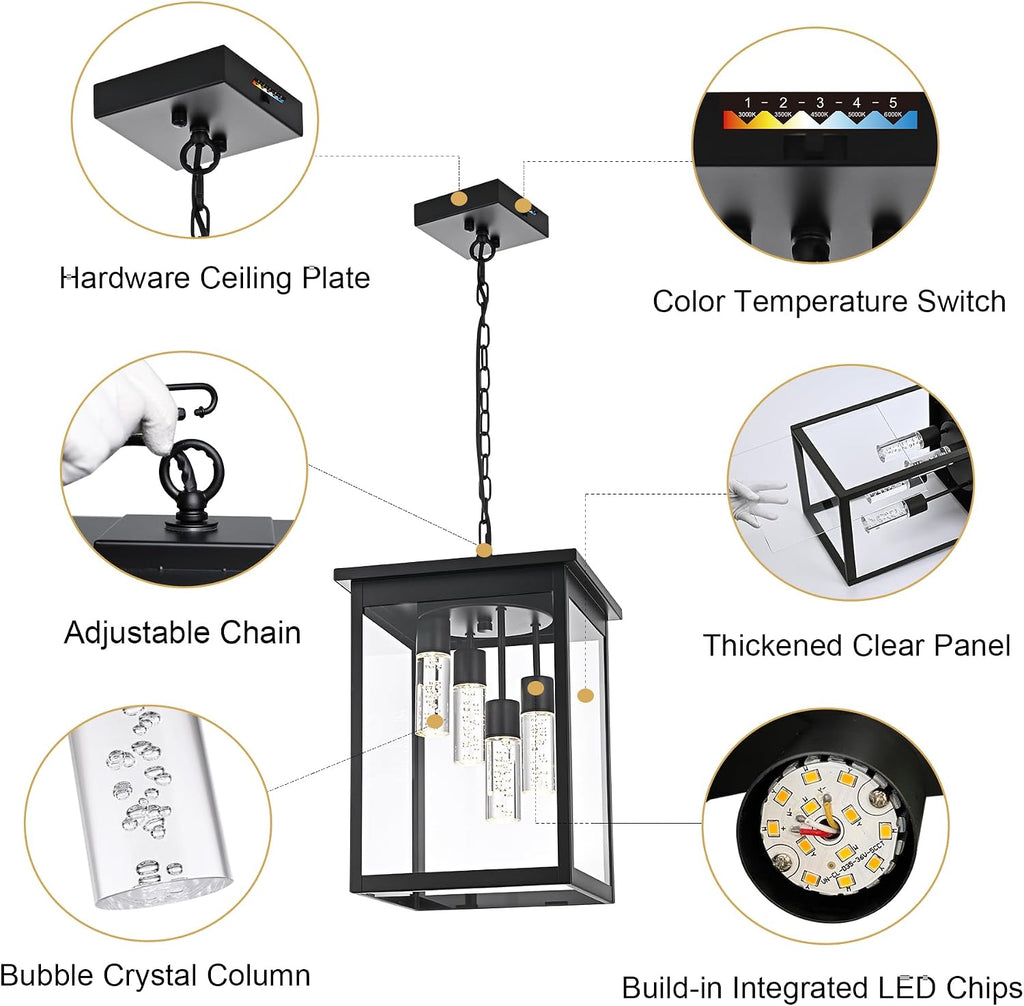 TODOLUZ Large 5CCT LED Outdoor Pendant Light Fixtures, Black Exterior Hanging Lantern Lamp LED Integrated Bulbs Included, Farmhouse Exterior Chandelier Ceiling Mount for Entrance Patio