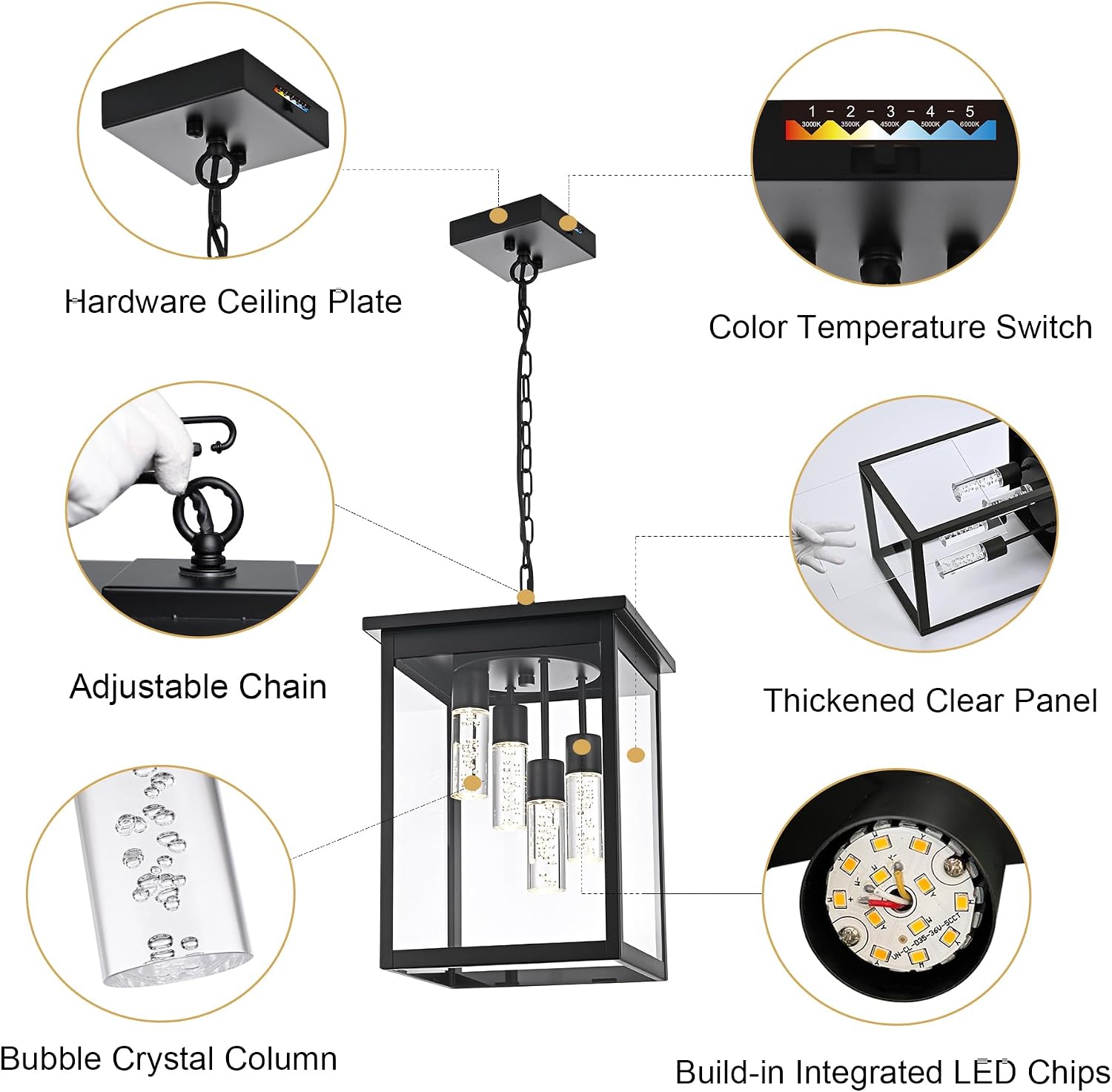 TODOLUZ Large 5CCT LED Outdoor Pendant Light Fixtures, Black Exterior Hanging Lantern Lamp LED Integrated Bulbs Included, Farmhouse Exterior Chandelier Ceiling Mount for Entrance Patio