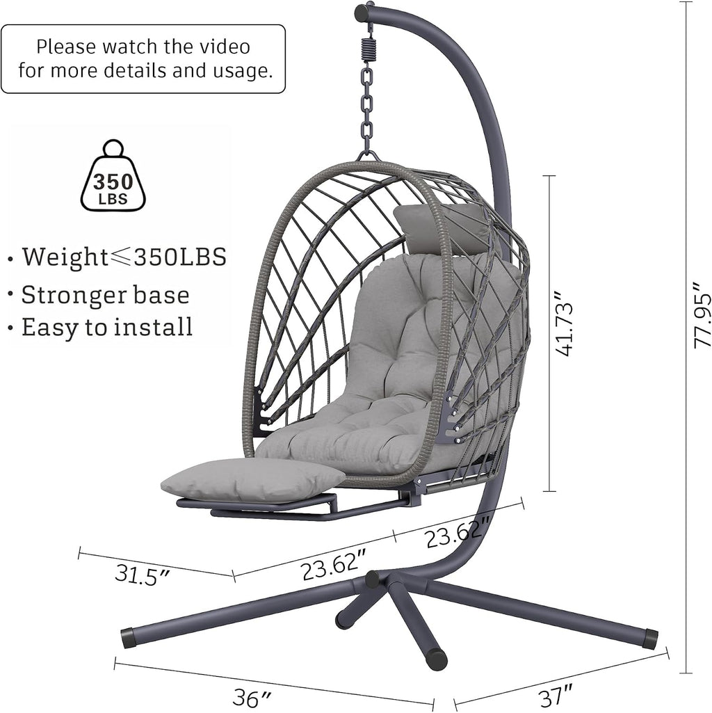 Outdoor Egg Swing Chair with Stand and Footrest, Comfy Patio Hammock Hanging Rocking Egg Chair with Cushion for Bedroom Indoor, Dark Gray (Light Grey)