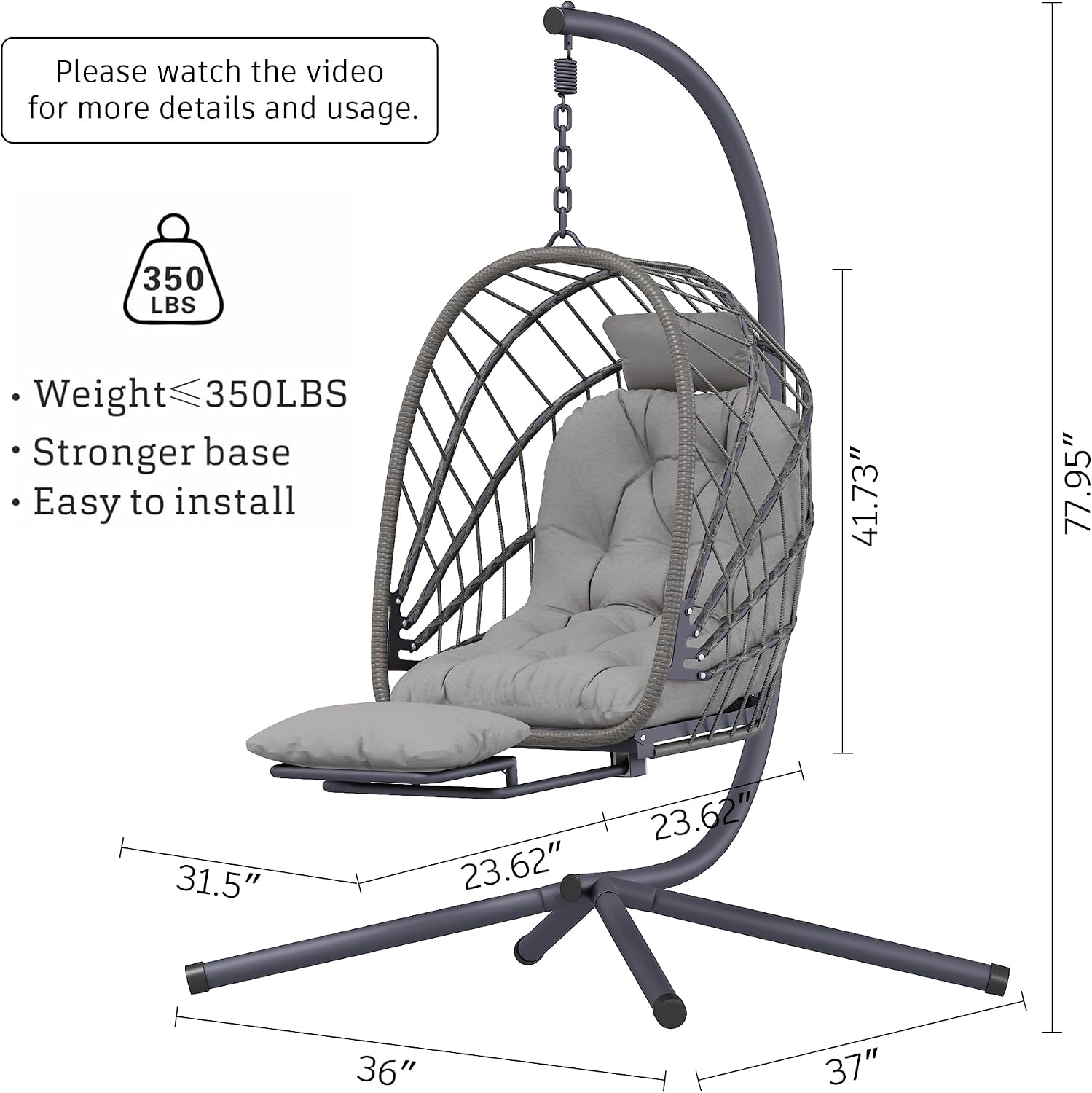 Outdoor Egg Swing Chair with Stand and Footrest, Comfy Patio Hammock Hanging Rocking Egg Chair with Cushion for Bedroom Indoor, Dark Gray (Light Grey)