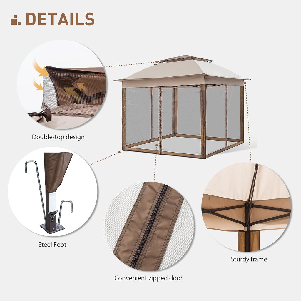 11'x11' Pop Up Gazebo for Patios Gazebo Canopy Tent with Sidewalls Outdoor Gazebo with Mosquito Netting Pop Up Canopy Shelter Wedding Tent, Beige