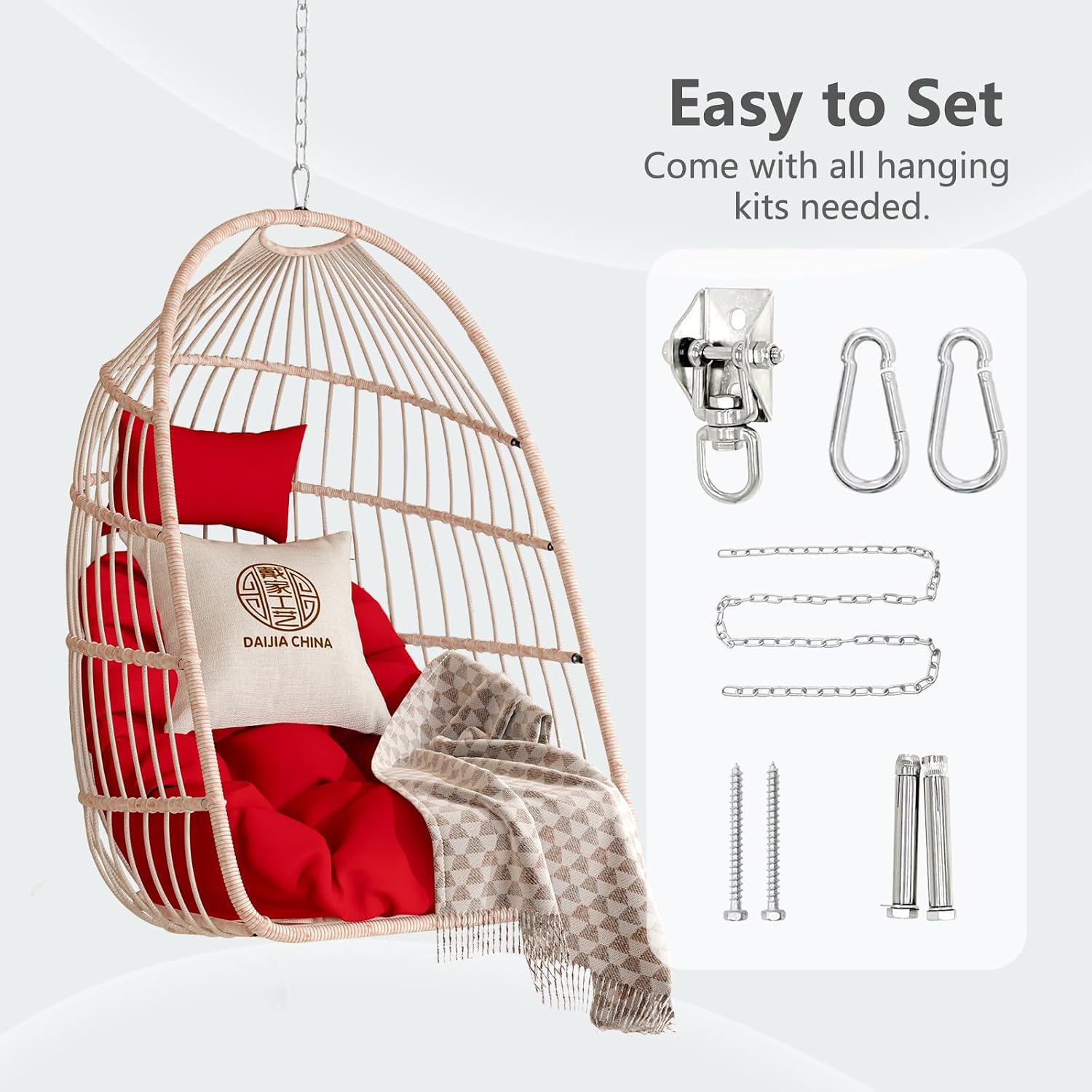 KEIKI Swing Egg Chair Without Stand, Foldable Patio Rattan Wicker Hammock Egg Chair with Cushion, Outdoor Indoor Hanging Basket Chair, 270LBS Capacity for Porch, Garden, Bedroom, Balcony, Red