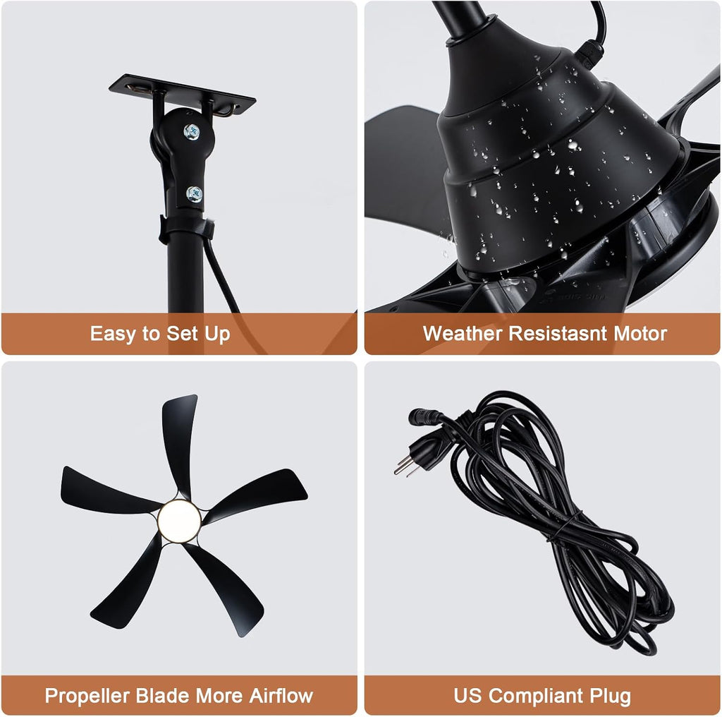 42'' Waterproof Outdoor Ceiling Fan with Lights IP65 Outdoor Gazebo Fan Wet Rated Hanging Plug in Ceiling Fan for Patio Pergola Porch Outside, APP Remote Control, Dimmable LED Lights