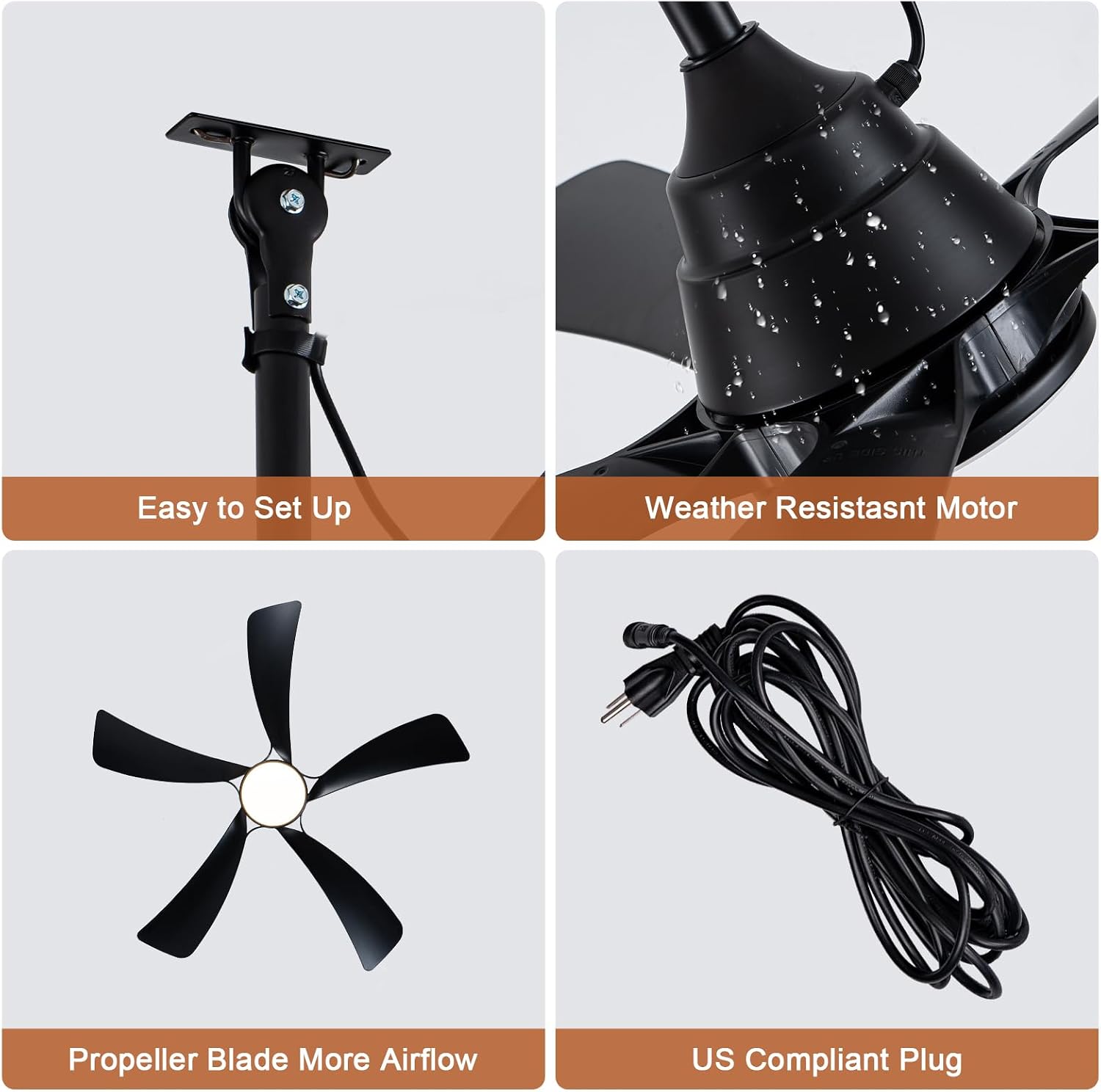 42'' Waterproof Outdoor Ceiling Fan with Lights IP65 Outdoor Gazebo Fan Wet Rated Hanging Plug in Ceiling Fan for Patio Pergola Porch Outside, APP Remote Control, Dimmable LED Lights