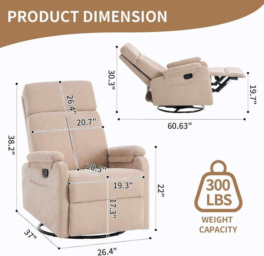 Recliner Chairs, 360° Swivel Rocker Recliner Chair for Adults, Glider Rocking Chair, Small Nursery Recliner for Living Room,RV, Reclining with Modern-Designed Armrests, Fabric Beige