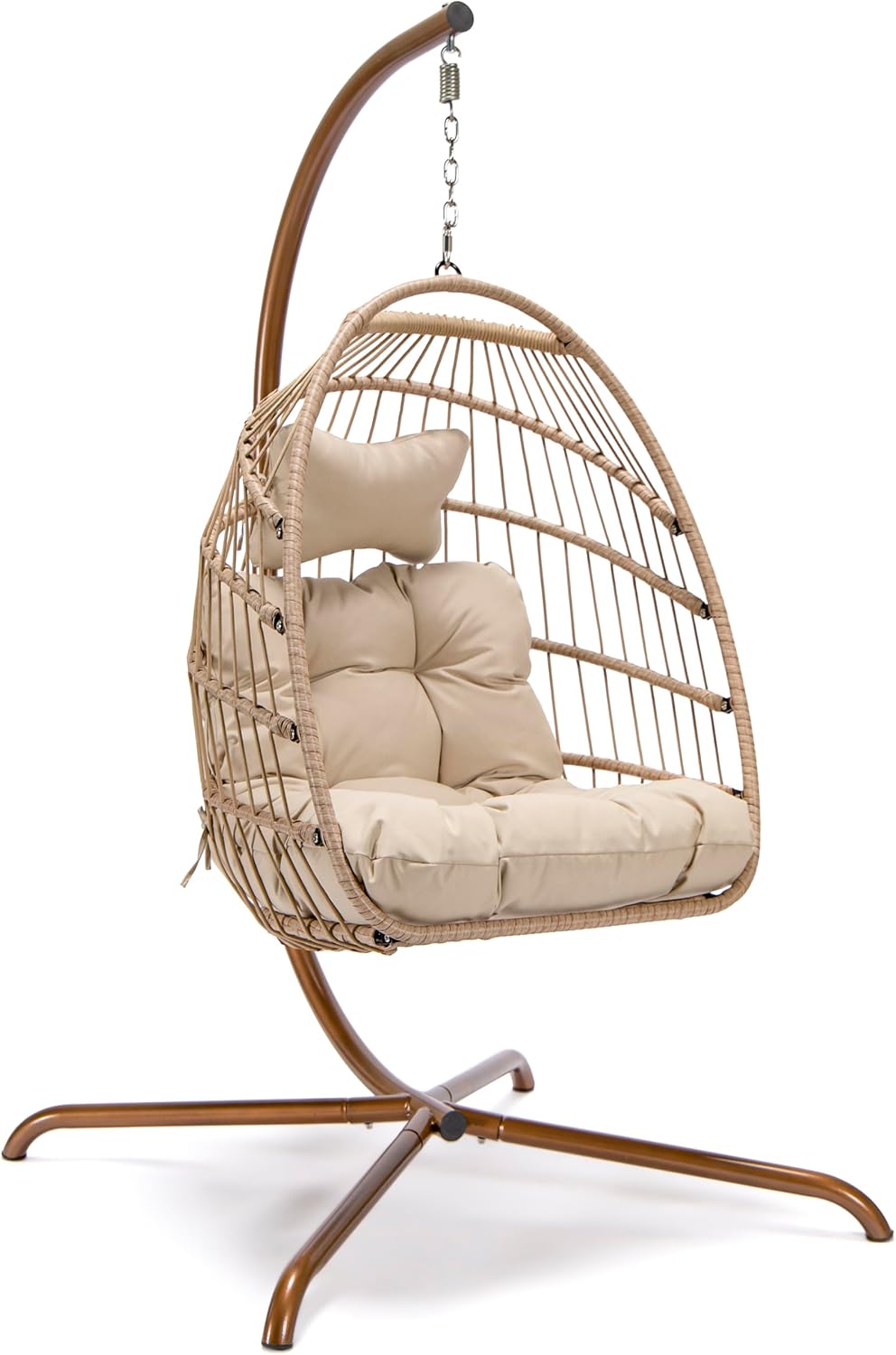 NICESOUL Cozy Hanging Egg Chair with Stand Indoor Outdoor, Wicker Patio Basket Swing Chair with Cushion and Golden Legs, 350lbs Durable Sturdy Egg Hammock Chairs for Deck Balcony Backyard Porch, Cream