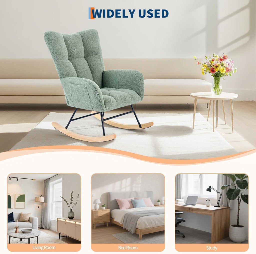 Nursery Rocking Chair,300Lb Glider Chair with Wood Legs/Two Side Pockets,Teddy Upholstered Glider Rocker with Padded Seat High Backrest for Living Room/Bedroom/Nursery