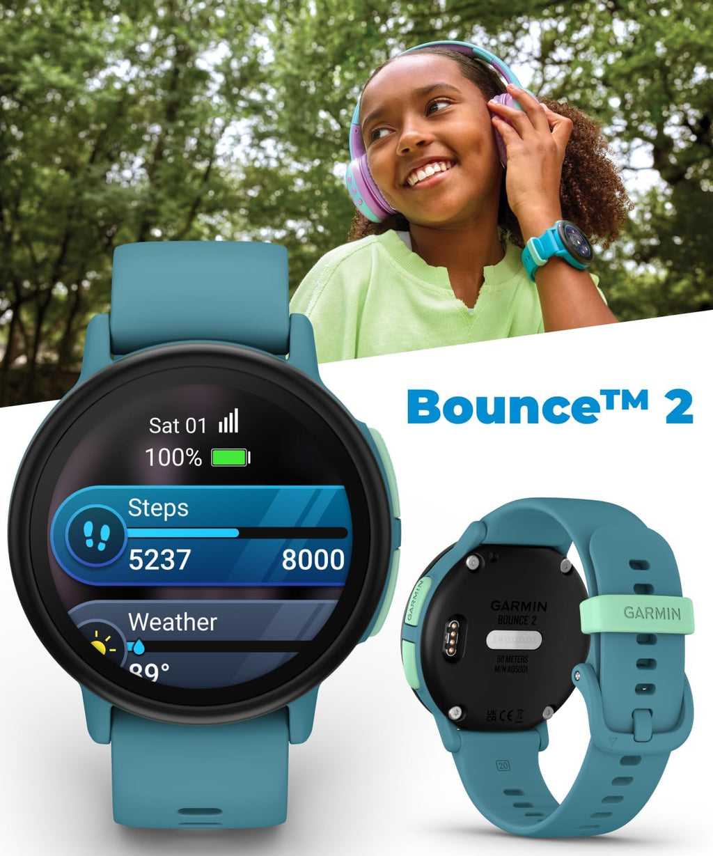 Garmin Bounce 2 Kids Smartwatch with LTE – Two-Way Calling, Text Messaging, Real-Time GPS Tracking, Swim-Friendly AMOLED Display, Music, Turquoise w/Wearable4U White Earbuds Bundle