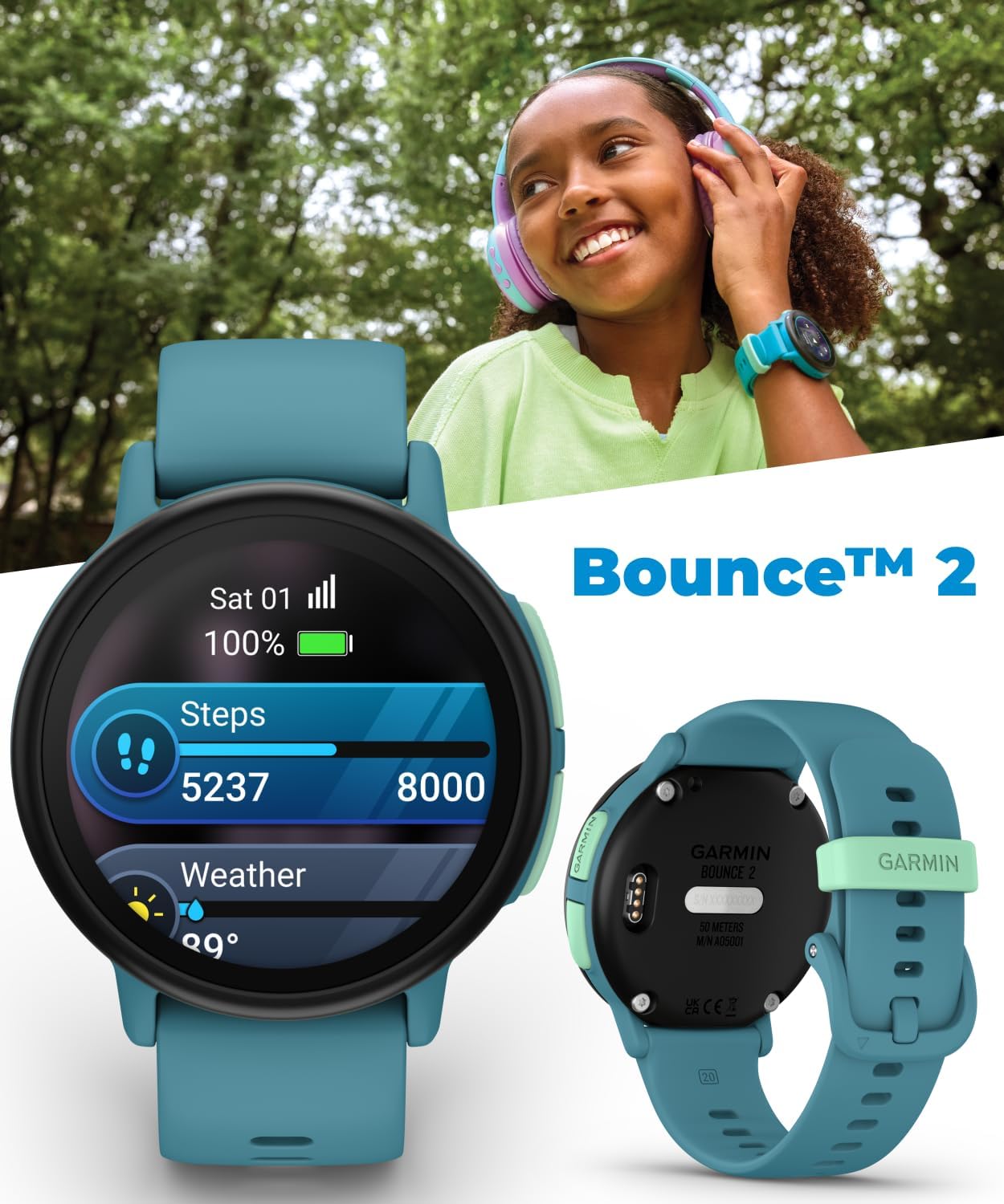 Garmin Bounce 2 Kids Smartwatch with LTE – Two-Way Calling, Text Messaging, Real-Time GPS Tracking, Swim-Friendly AMOLED Display, Music, Turquoise w/Wearable4U White Earbuds Bundle