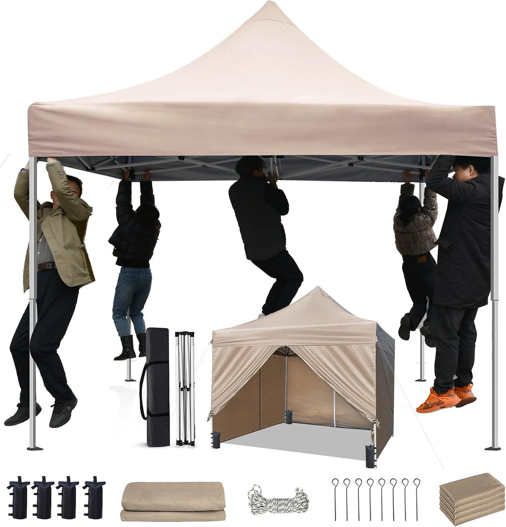 10x10ft Commercial Pop Up Canopy Tent with Removable Sidewalls, Waterproof Adjustable Height Outdoor Gazebo Sun Shelter, Heavy Duty UPF 50+ Party Tent for Camping & Events - Beige