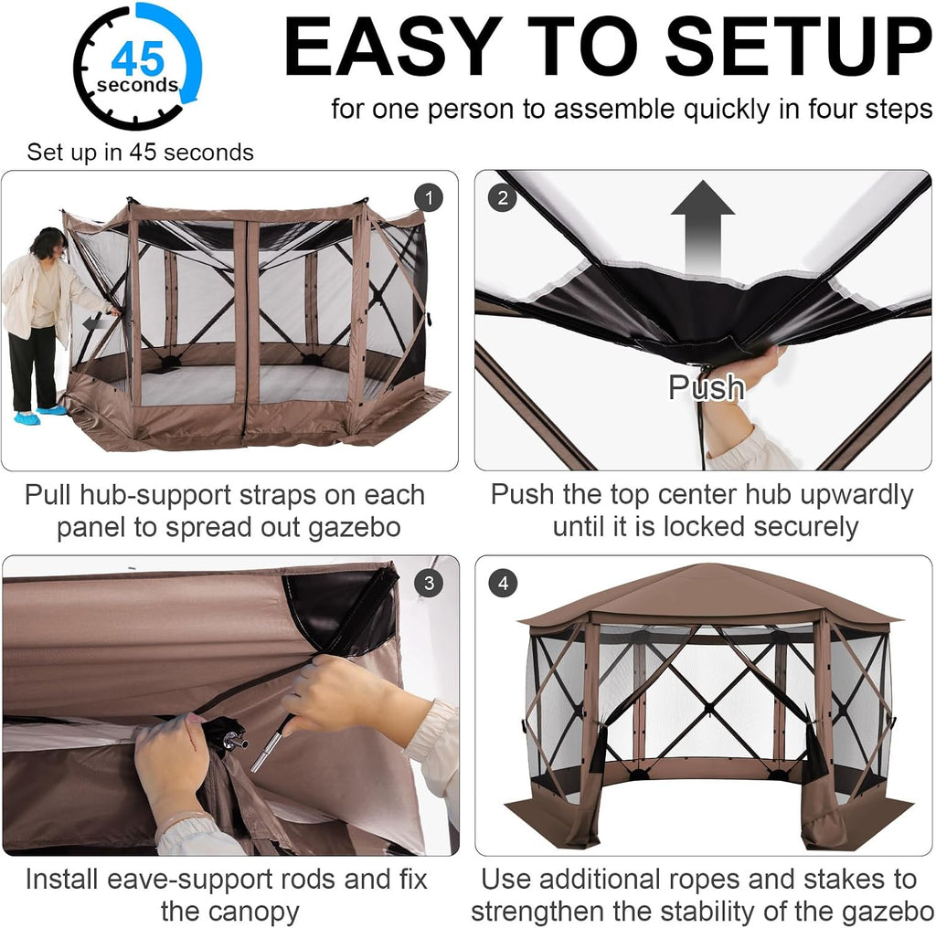 COBIZI Pop Up Gazebo Screen Tent Screen House for Camping, 12x12 Screen Room with Mosquito Netting, Hub Tent Instant Screened Canopy with Carrying Bag and Ground Stakes, Brown