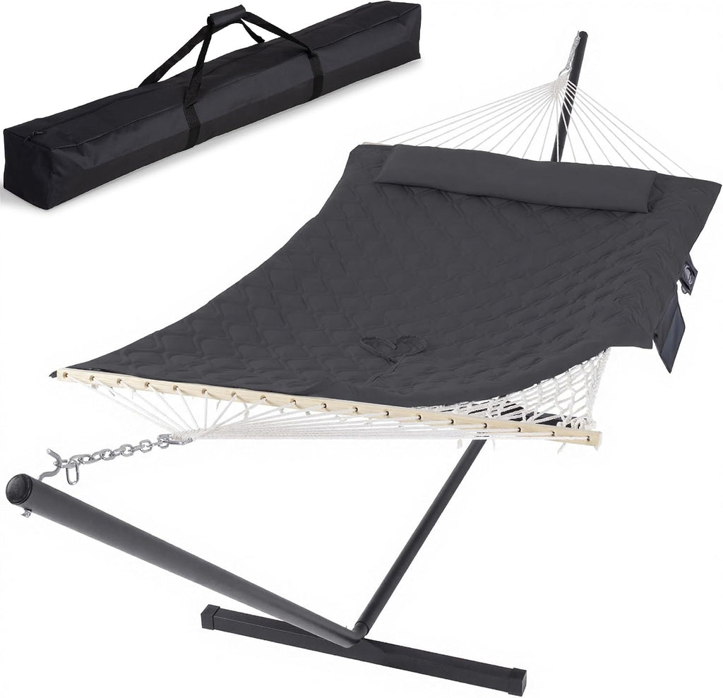 SUNCREAT Hammocks for Outside with Stand, Extra Large 2 Person Hammock with Stand, Carrying Bag, Dark Gray Drops