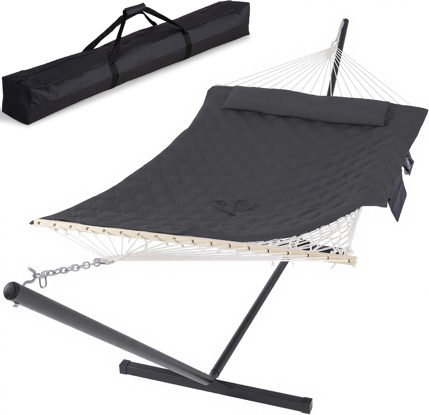 SUNCREAT Hammocks for Outside with Stand, Extra Large 2 Person Hammock with Stand, Carrying Bag, Dark Gray Drops