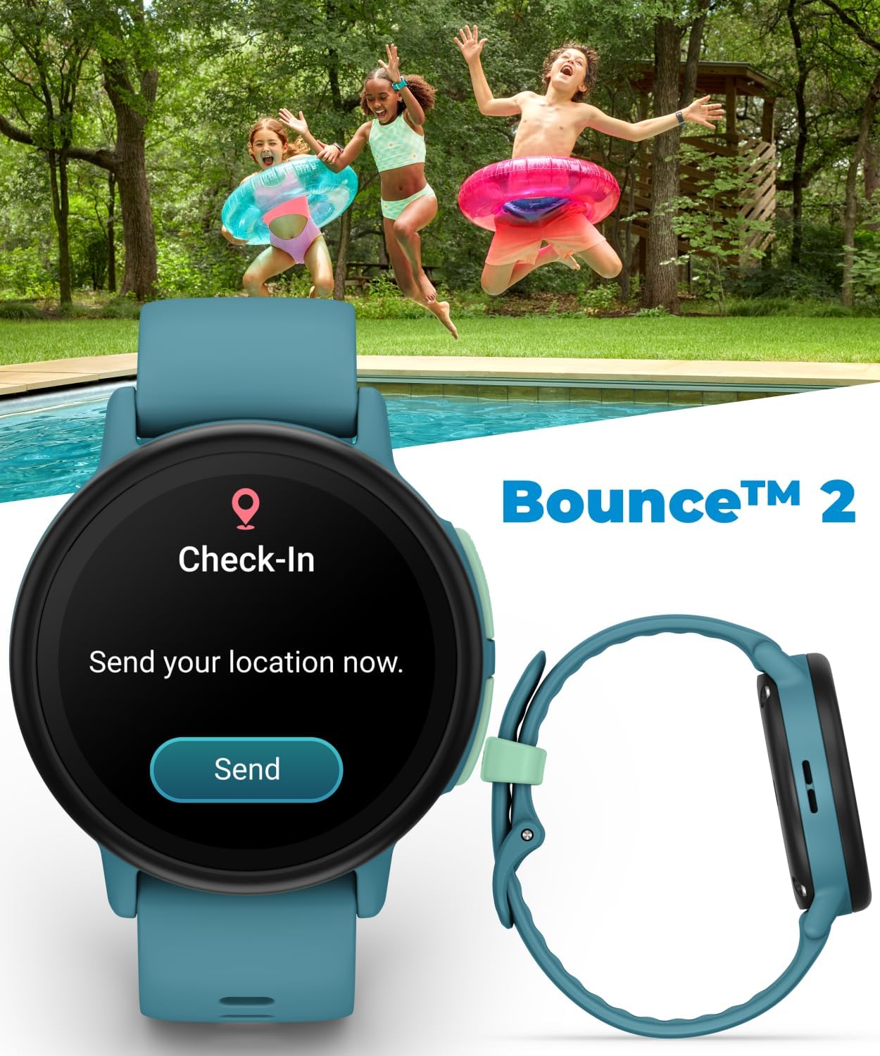 Garmin Bounce 2 Kids Smartwatch with LTE – Two-Way Calling, Text Messaging, Real-Time GPS Tracking, Swim-Friendly AMOLED Display, Music, Turquoise w/Wearable4U White Earbuds Bundle