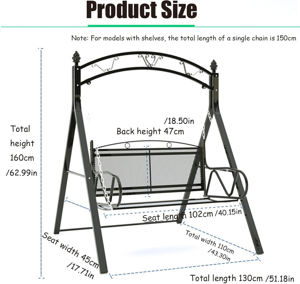 Upgraded Metal Patio Porch Swing with A-Frame Stand Heavy Duty Metal Hanging Porch Swing Chair Patio Hanging Bench Swing with Adjustable Chains for Garden, Balcony, Living Room (White)