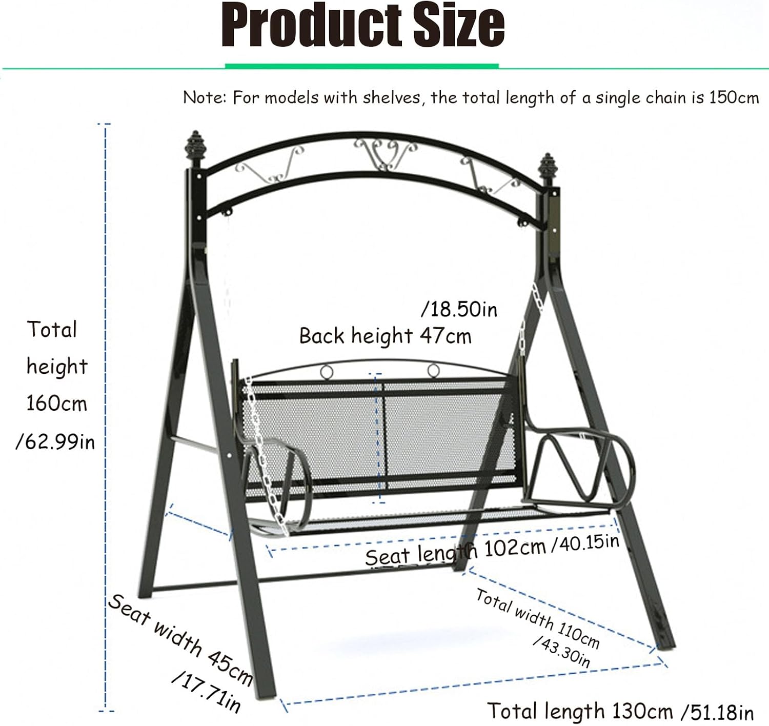 Upgraded Metal Patio Porch Swing with A-Frame Stand Heavy Duty Metal Hanging Porch Swing Chair Patio Hanging Bench Swing with Adjustable Chains for Garden, Balcony, Living Room (White)