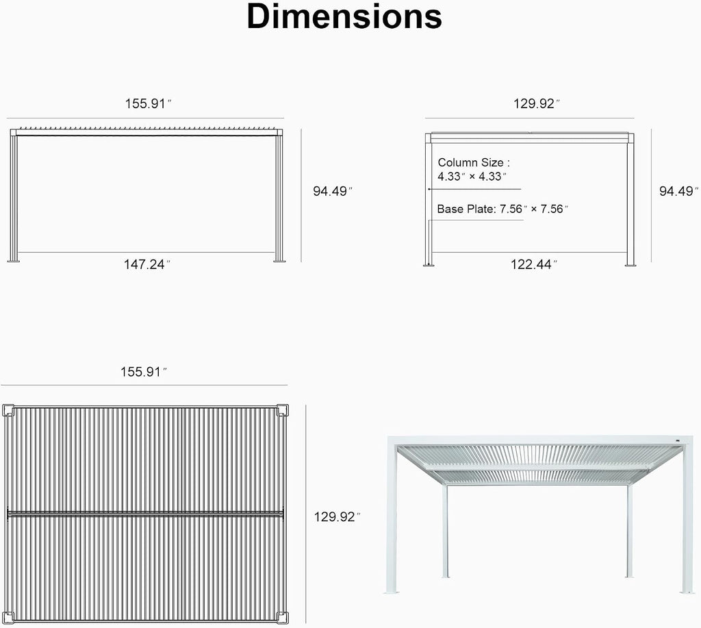 PURPLE LEAF Louvered Pergola 11' x 13' Outdoor White Aluminum Pergola with Fixed Shutter Wall Adjustable Roof Gazebo for Patio Backyard, 1 Short Side