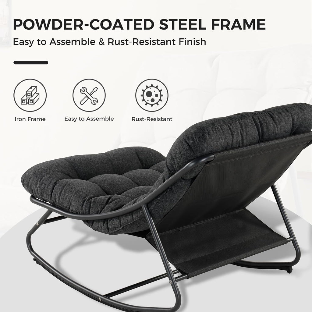 Grand patio Rocking Chair with Foot Stool, Metal Outdoor Rocking Chair with Cushion and Foot Rest, Comfy Lounge Rocker for Living Room Porch Patio, Dark Gray