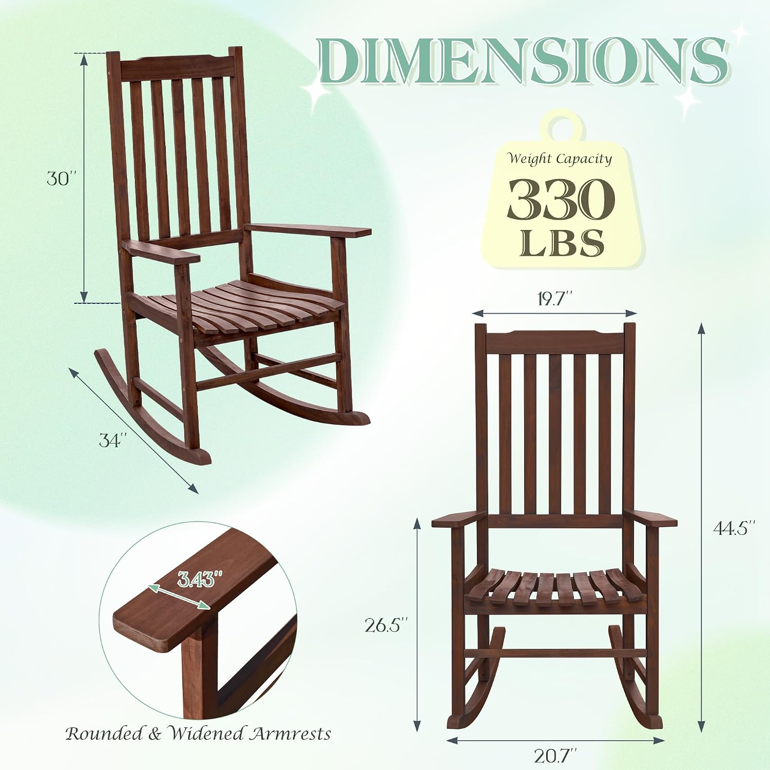 Flamaker Outdoor Rocking Chair Oversized Wooden Patio Chairs with Widened Armrest High Back Porch Rocker for Lawn, Garden, Backyard, Fire Pit (Brown)