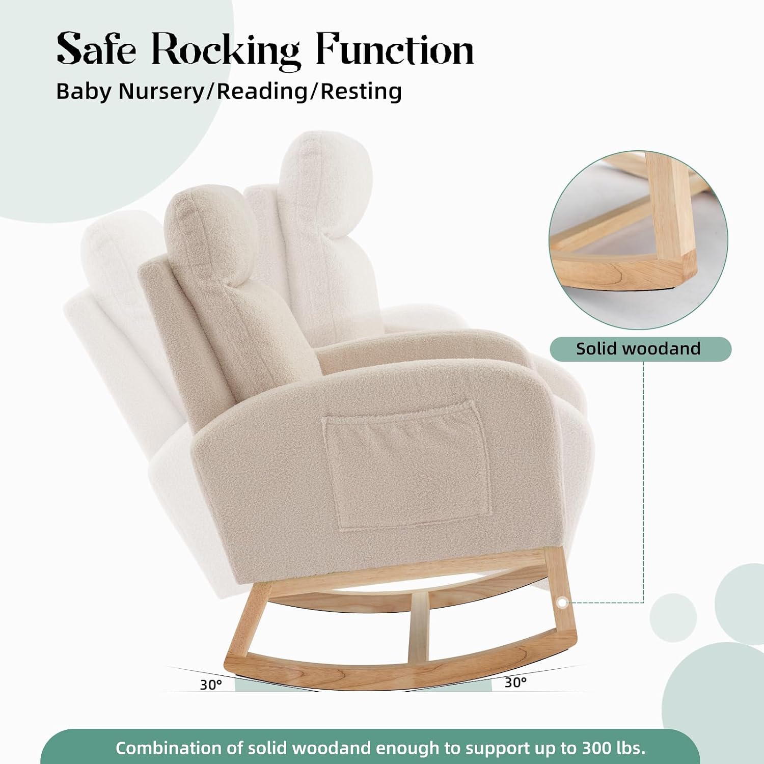 GarveeHome Rocking Chair Nursery,Glider Chair Nursery Chair with High Back and Side Pocket, Rocking Accent Armchair with Rubber Wood Legs for Living Room/Bedroom/Nursery