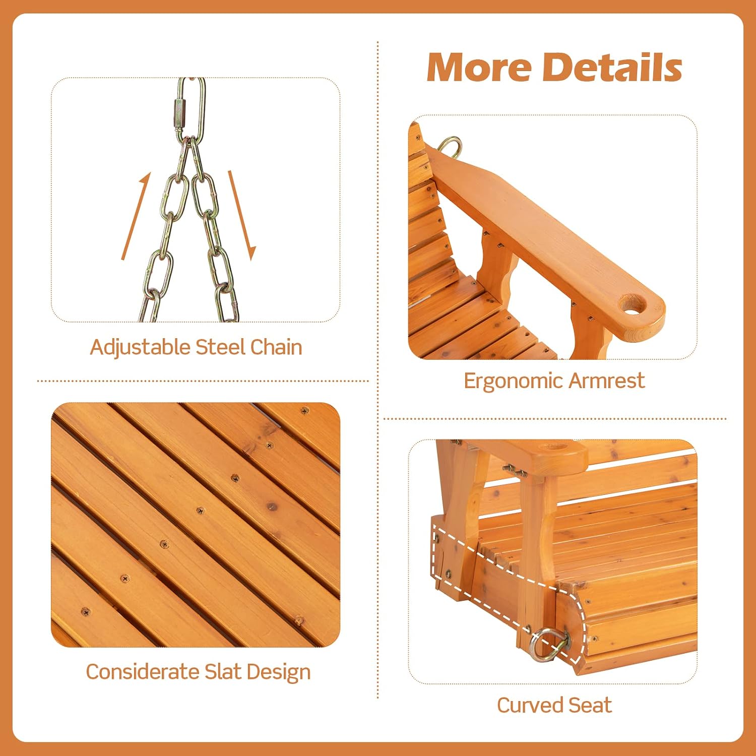 Giantex Wooden Porch Swing 2 Seat - Outdoor Swinging Chairs with Hanging Chains, 600 lbs Weight Capacity, 4 FT Finished Fir Wood Bench Swing for Patio, Outside, Garden, Lawn, Backyard (Orange)