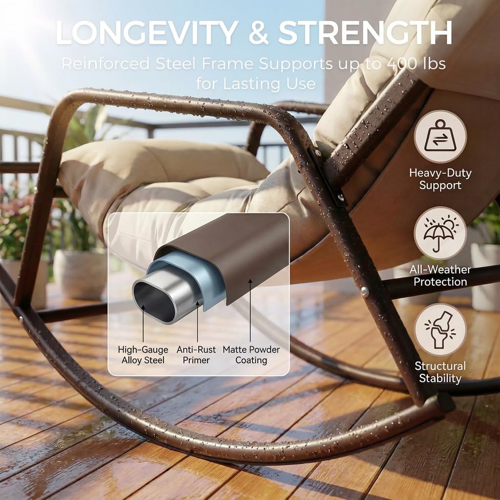 RADIATA Rocking Lounge Chair, Indoor Outdoor Reclining Lounger with Footrest & Cushion, 400lbs Weight Capacity, Comfortable Rocker for Relaxation, Reading and Napping (Beige)